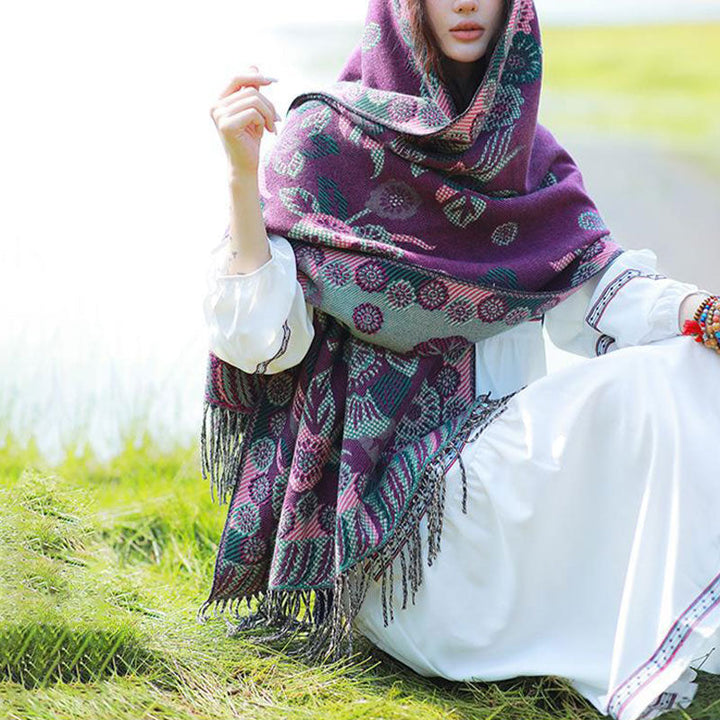 BWOOOH Tibetan Flower Floral Leaves Pattern Design Shawl 