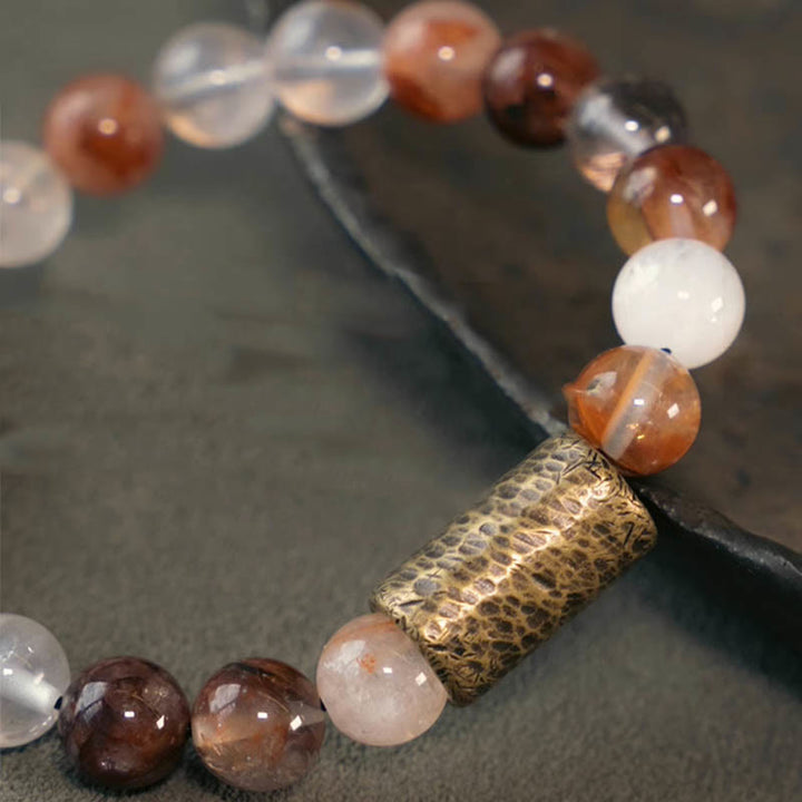 BWOOOH White Crystal Red Hematoid Quartz Gold Rutilated Quartz Purple Phantom Protection Bracelet
