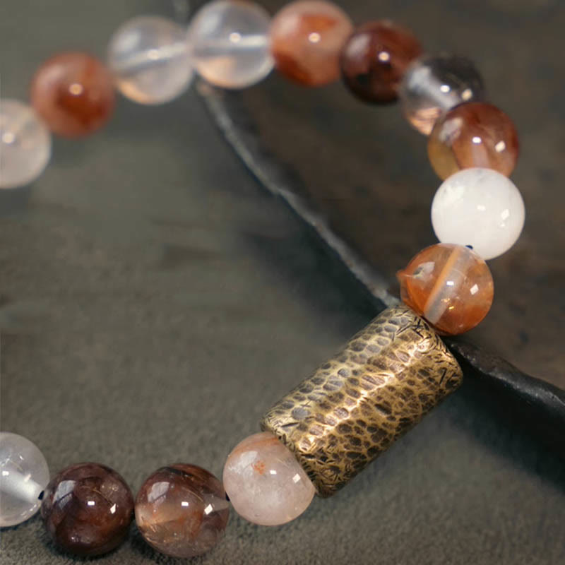 BWOOOH White Crystal Red Hematoid Quartz Gold Rutilated Quartz Purple Phantom Protection Bracelet