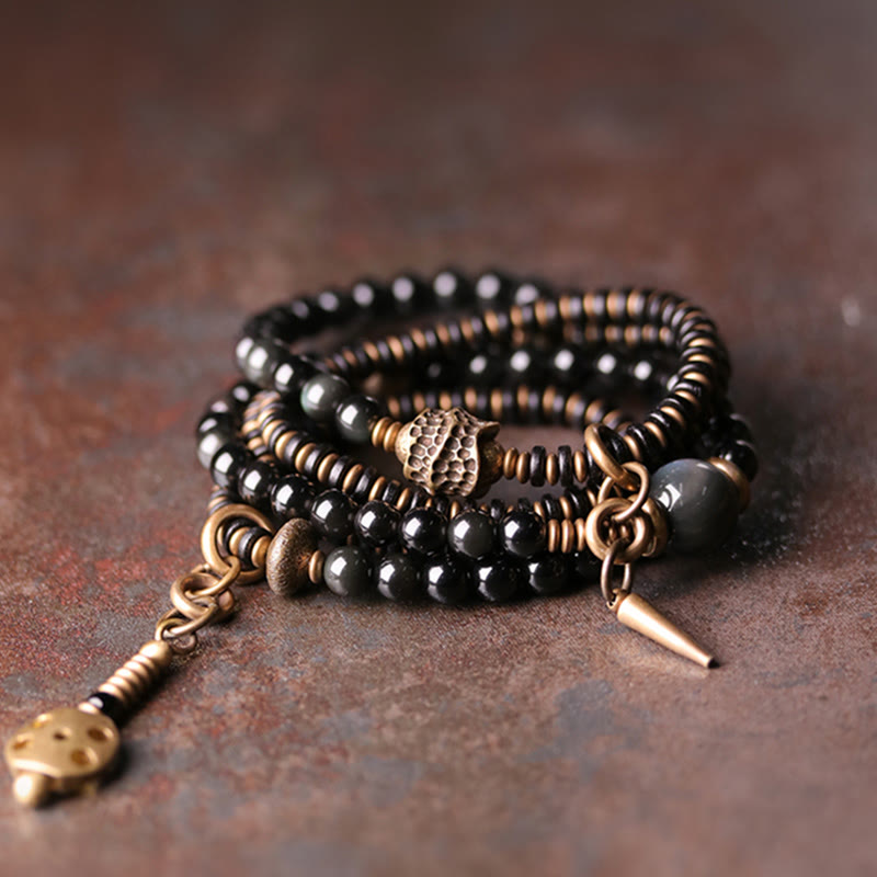 BWOOOH Rainbow Obsidian Ebony Wood Copper Positive Multilayer Bracelet | spiritual healing bracelet