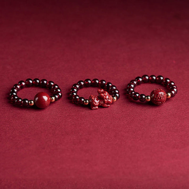 BWOOOH Garnet Cinnabar Lucky Bead PiXiu Om Mani Padme Hum Rose Protection Ring