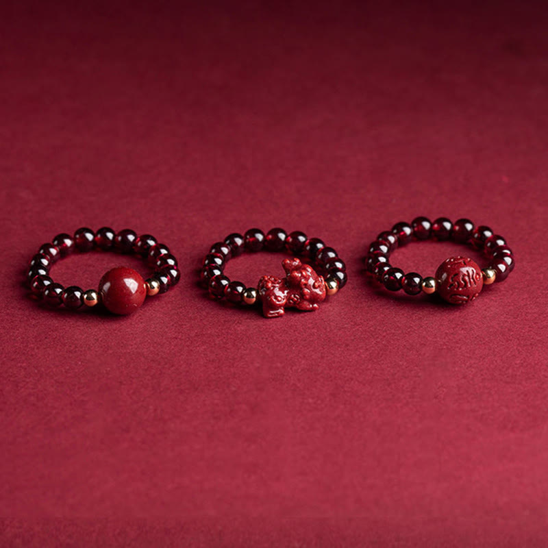BWOOOH Garnet Cinnabar Lucky Bead PiXiu Om Mani Padme Hum Rose Protection Ring