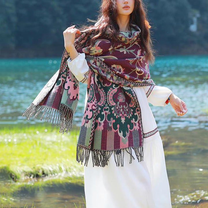 BWOOOH Tibetan Flowers Leaves Branch Design Tassel Shawl 