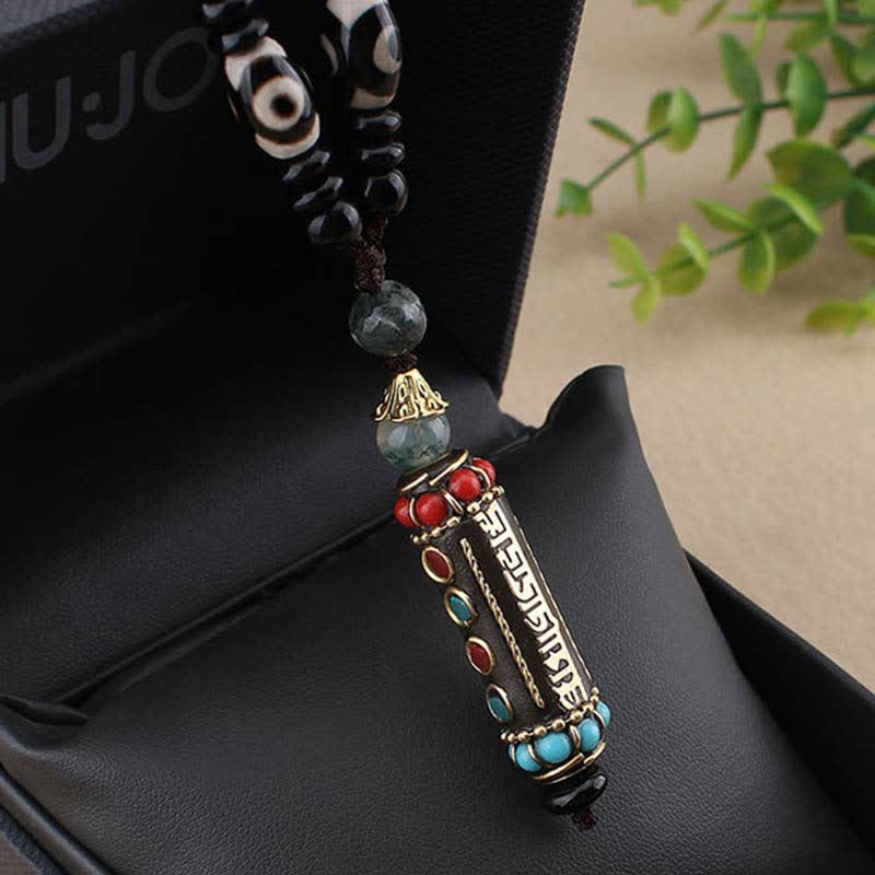 BWOOOH Tibetan Om Mani Padme Hum Dzi Bead Wenge Wood Necklace Pendant