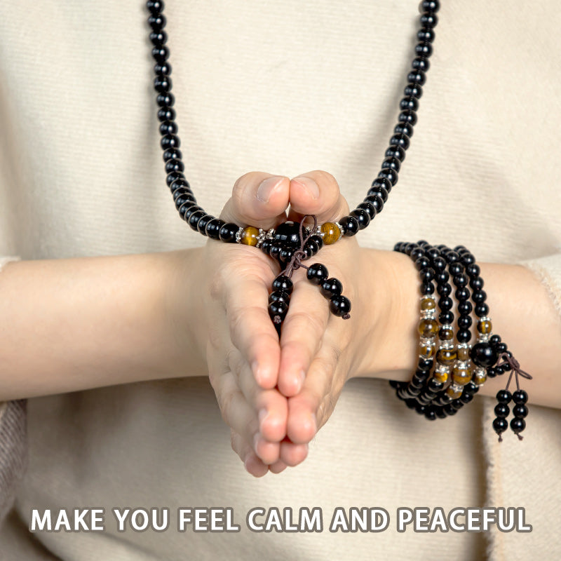 BWOOOH 108 Beads Natural Black Obsidian Tiger Eye Red Agate Mala Bracelet