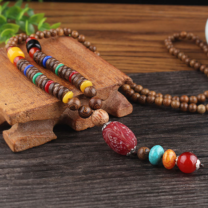 BWOOOH Tibetan Wenge Wood Bodhi Seed Agate Balance Peace Necklace Pendant