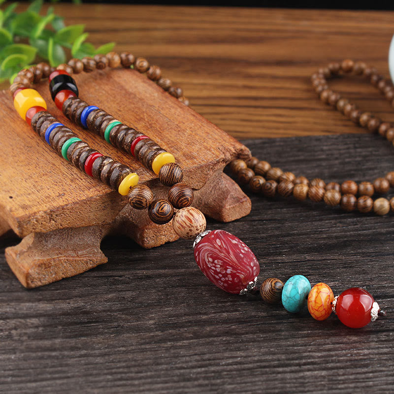 BWOOOH Tibetan Wenge Wood Bodhi Seed Agate Balance Peace Necklace Pendant