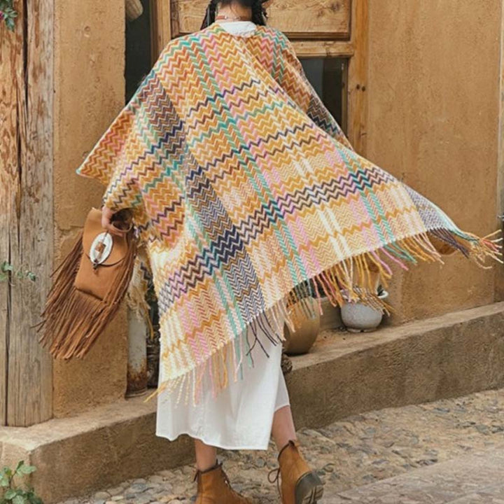 BWOOOH Tibetan Shawl Colorful Wavy Striped Shapes Tassels