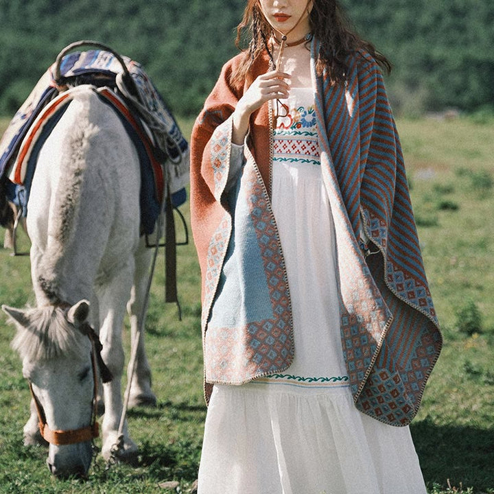 BWOOOH Tibetan Shawl Striped Diamond Pattern Winter Warm 