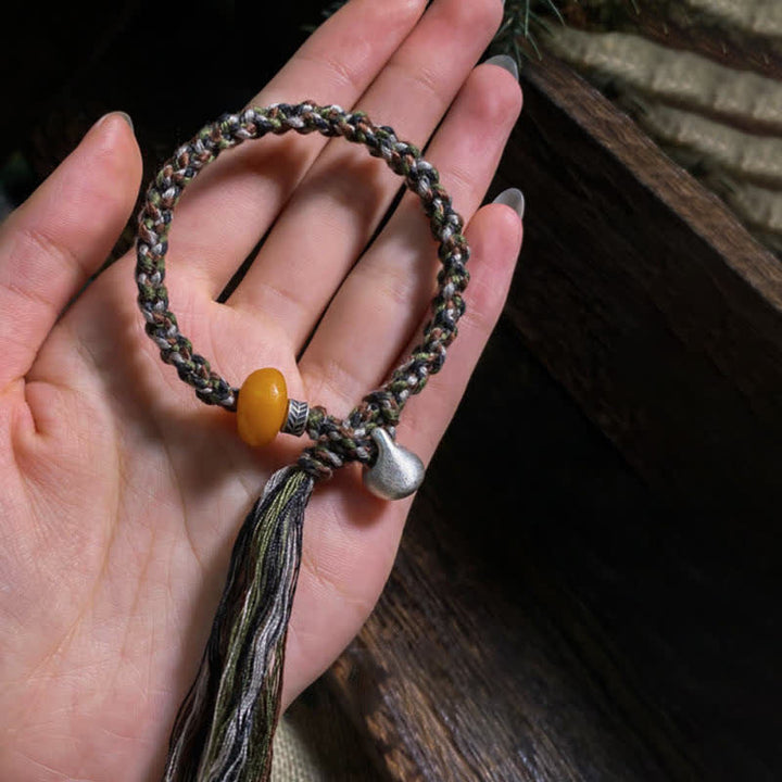 BWOOOH 990 Sterling Silver Tibetan Handmade Amber Steelyard Weight Wish Protection Bracelet