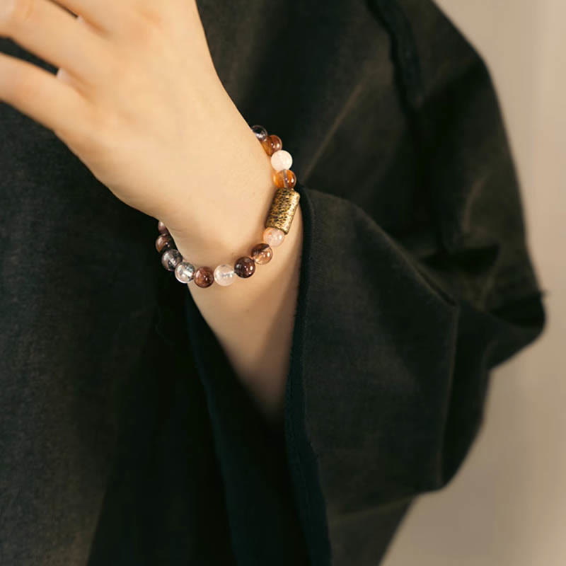 BWOOOH White Crystal Red Hematoid Quartz Gold Rutilated Quartz Purple Phantom Protection Bracelet