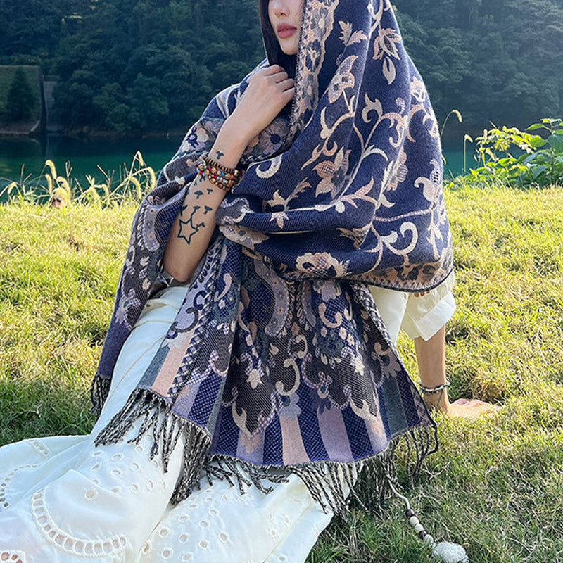 BWOOOH Tibetan Flowers Leaves Branch Design Tassel Shawl 