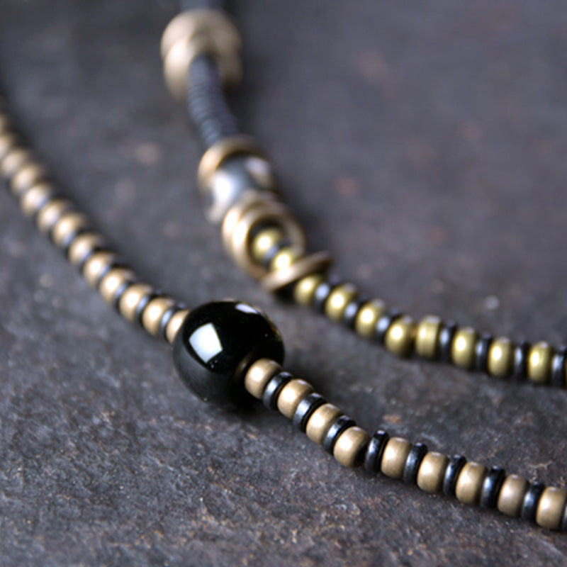 BWOOOH Ebony Wood Dzi Bead Copper Peace Couple Bracelet Necklace Pendant