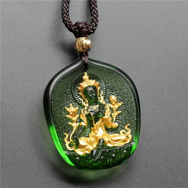 BWOOOH Tibetan Green Tara gold plated Liuli crystal protection necklace pendant — Buddhist amulet necklace for compassion and protection