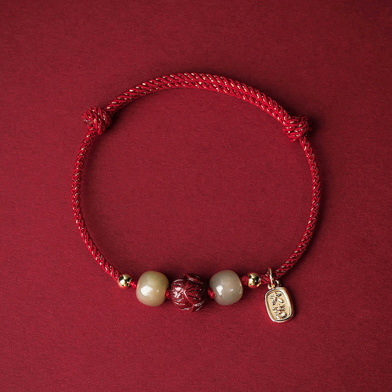 BWOOOH 14K Gold Plated Hetian Jade Cinnabar Lotus Luck Handcrafted Rope Bracelet  -  Gold Plated jade bracelet for spiritual...