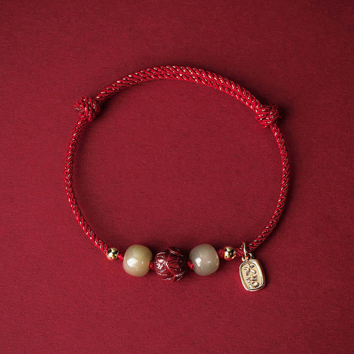 BWOOOH 14K Gold Plated Hetian Jade Cinnabar Lotus Luck Handcrafted Rope Bracelet  -  Gold Plated jade bracelet for spiritual...