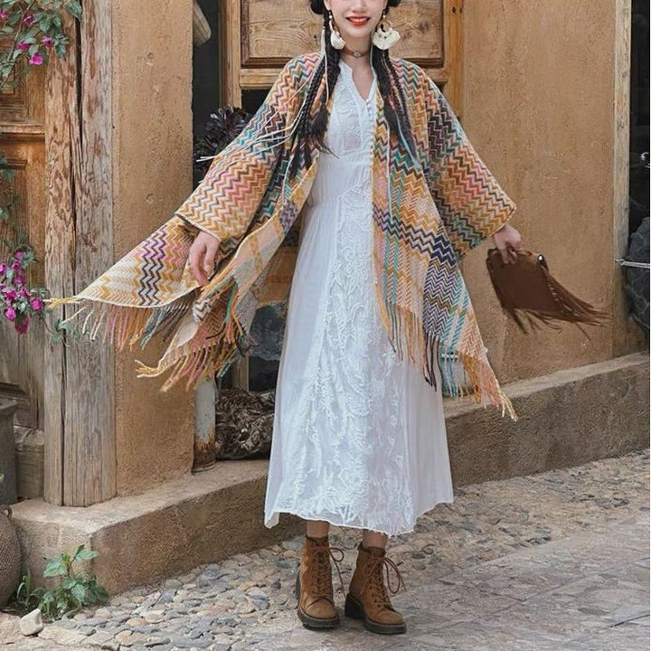 BWOOOH Tibetan Shawl Colorful Wavy Striped Shapes Tassels