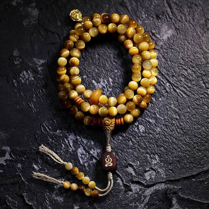 BWOOOH 108 Mala Beads Natural Tiger Eye Copper Dorje Protection Tassel Bracelet