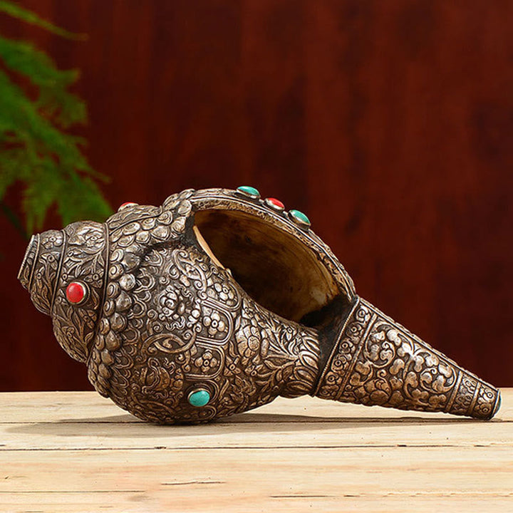 Buddha Stones Tibetan Handmade Natural Shankha Engraved Eight Auspicious Symbols Conch Shell Lucky Home Decoration