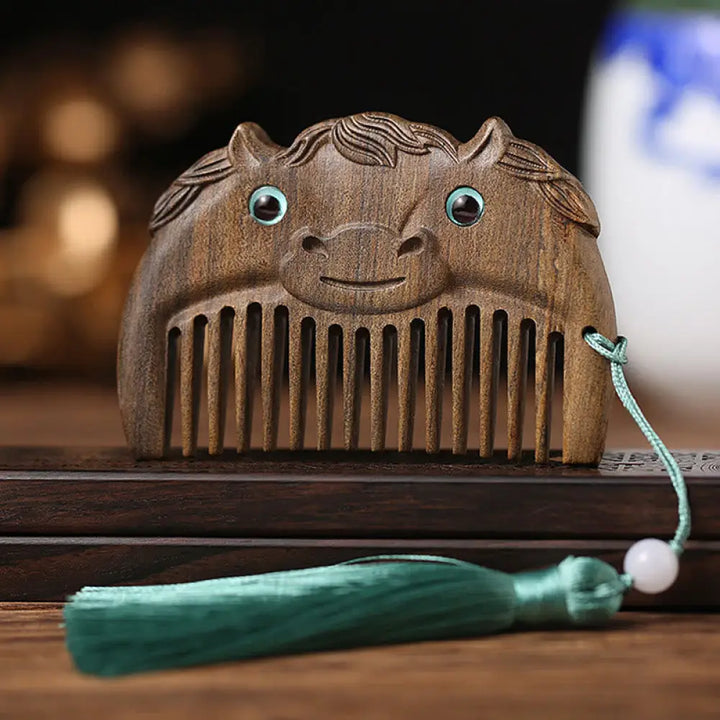 Chinese Zodiac Green Sandalwood Peace Mini Portable Comb - Chacate Preto Wood / Horse - Comb