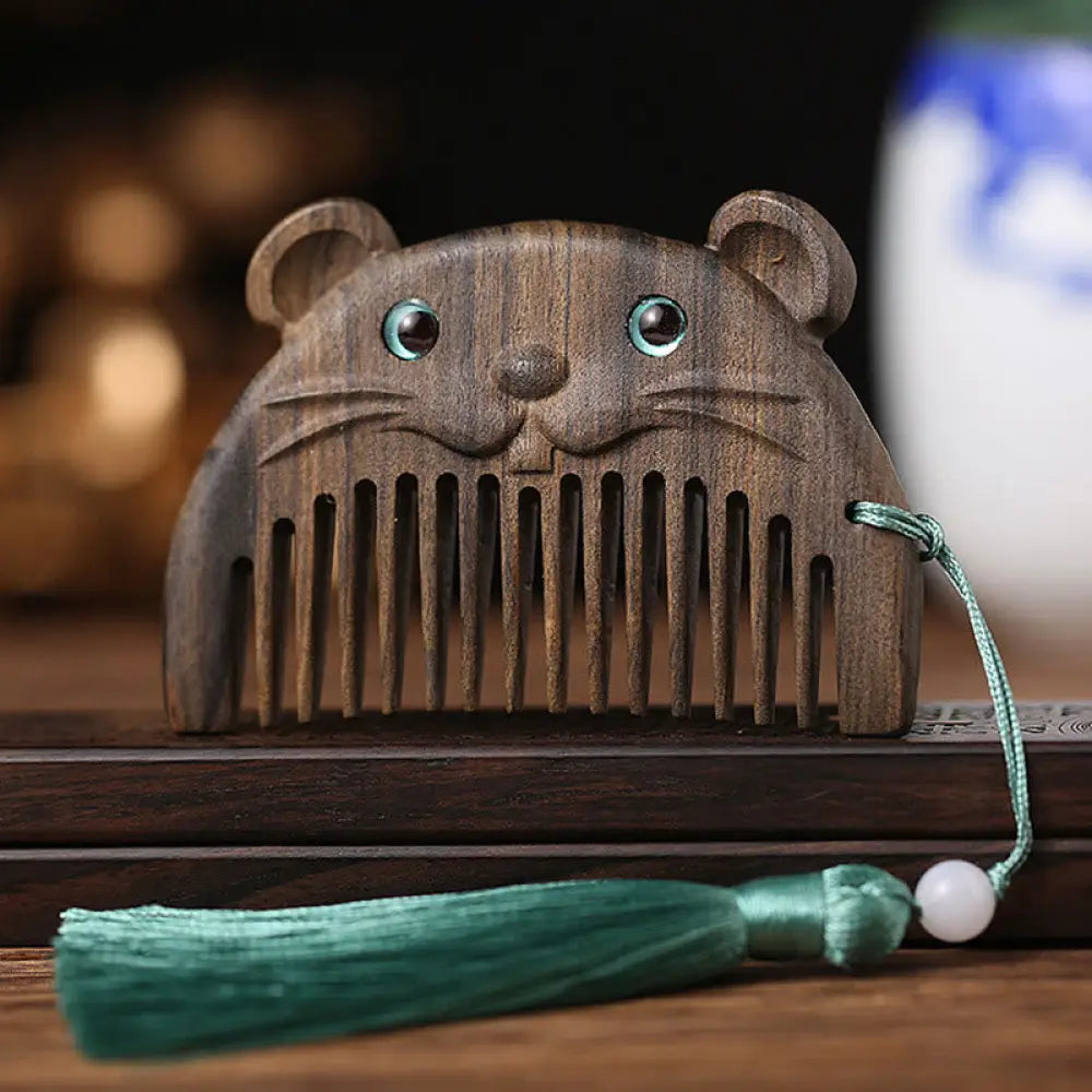 Chinese Zodiac Green Sandalwood Peace Mini Portable Comb - Chacate Preto Wood / Rat - Comb