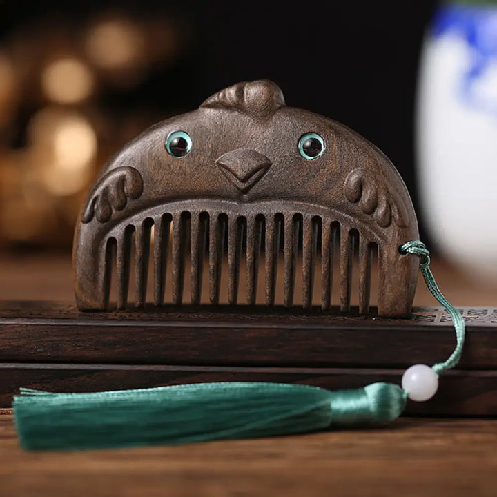 Chinese Zodiac Green Sandalwood Peace Mini Portable Comb - Chacate Preto Wood / Rooster - Comb