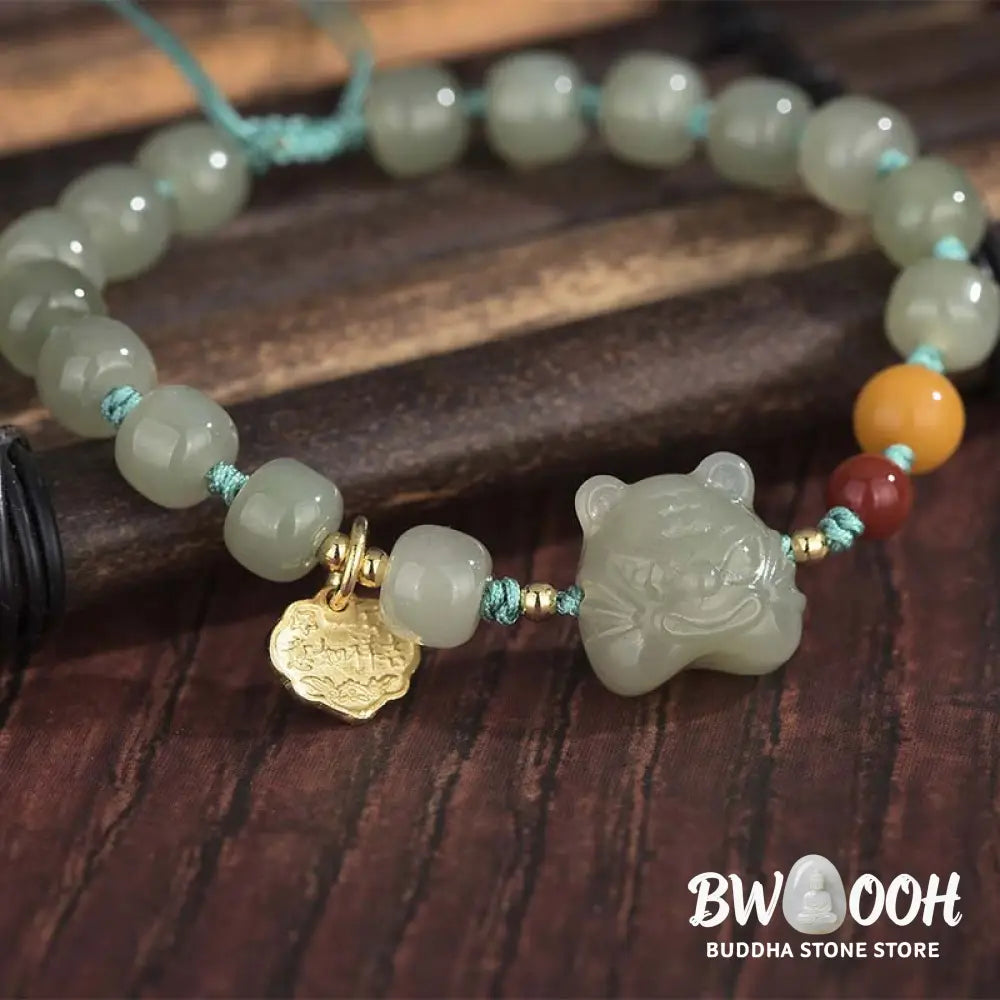 BWOOOH Chinese Zodiac Tiger Jade Blessing String Bracelet | natural stone spiritual bracelet for healing and mindful living