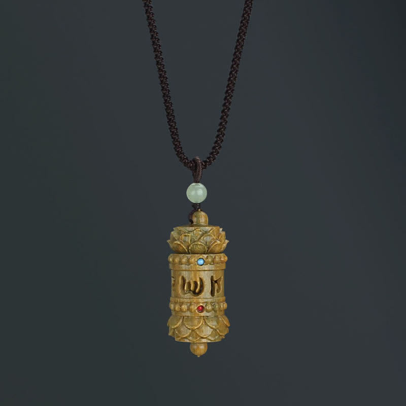 BWOOOH Tibet Green Sandalwood Rosewood Om Mani Padme Hum Lotus Necklace — multi-material wooden Buddhist necklace for peace, clarity, and positive energy