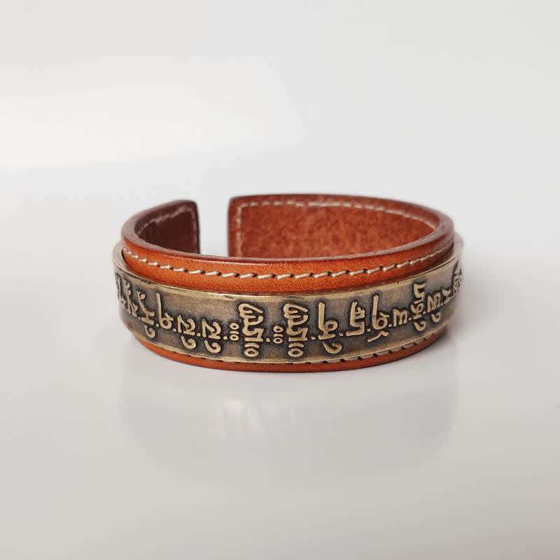 BWOOOH 2Pcs Om Mani Padme Hum Dragon Phoenix Copper Leather Peace Cuff Bracelet Bangle