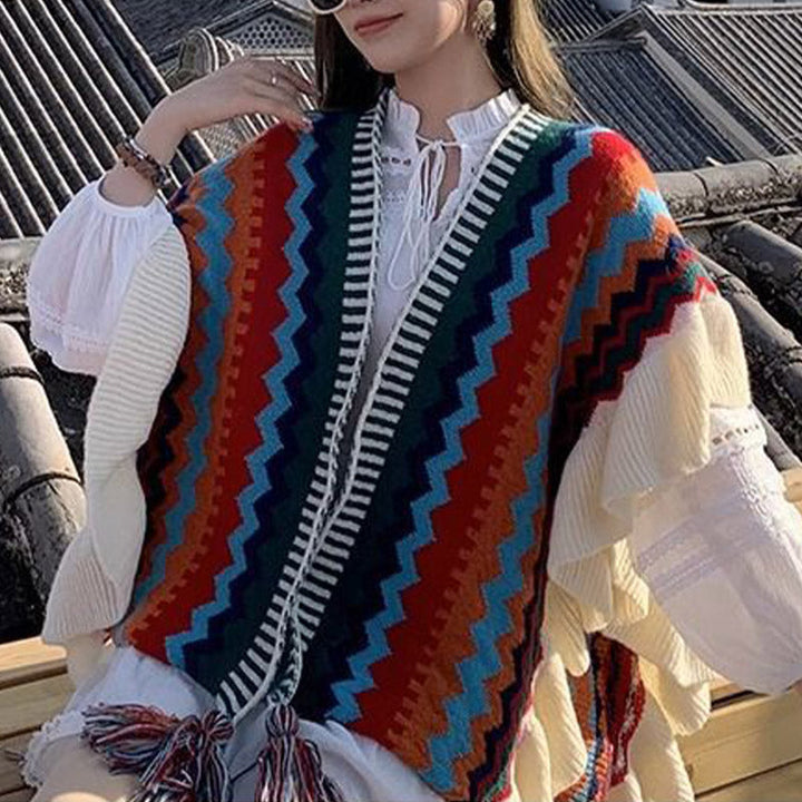 BWOOOH Tibetan Shawl Colorful Striped Wavy Line Tassels W