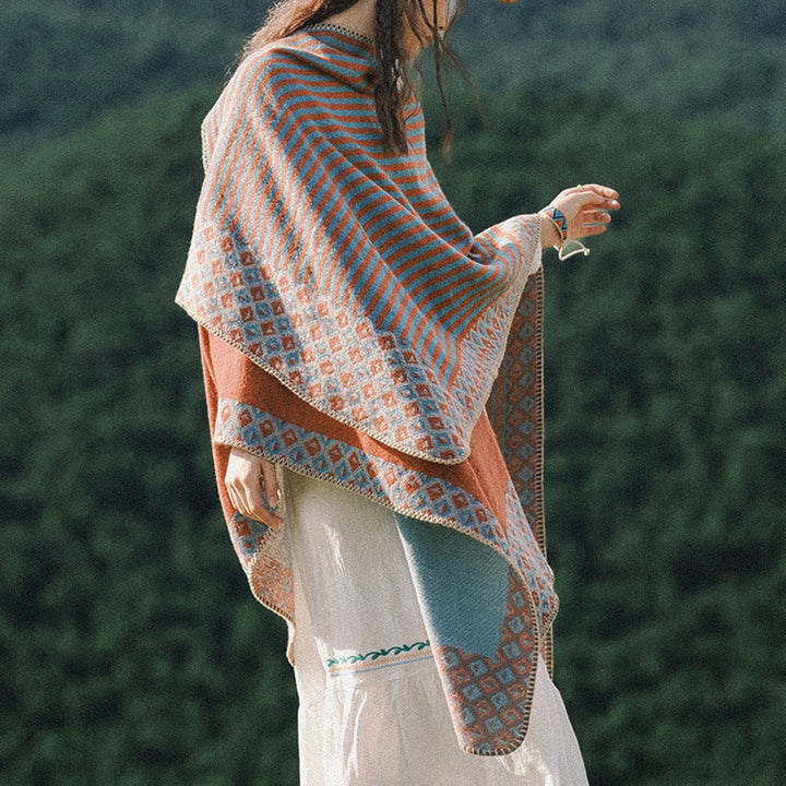 BWOOOH Tibetan Shawl Striped Diamond Pattern Winter Warm 