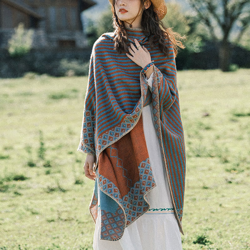 BWOOOH Tibetan Shawl Striped Diamond Pattern Winter Warm 