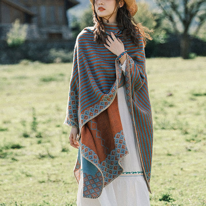 BWOOOH Tibetan Shawl Striped Diamond Pattern Winter Warm 