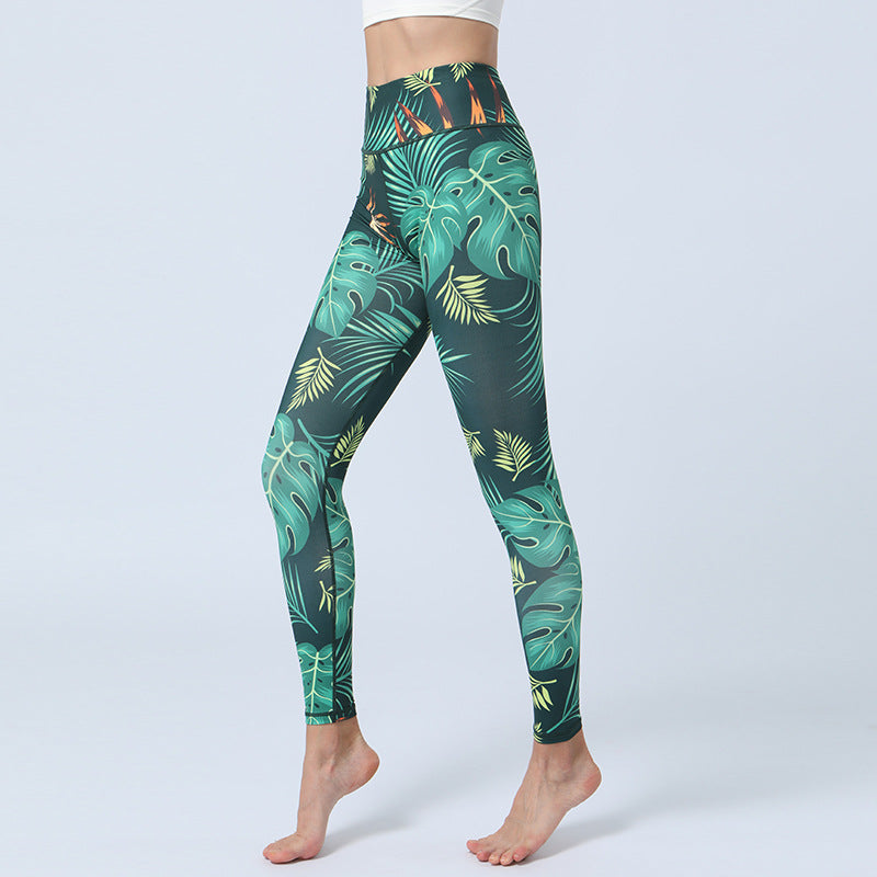BWOOOH lotus print yoga leggings - Leaves Print Pants Sports Fitness Yoga H