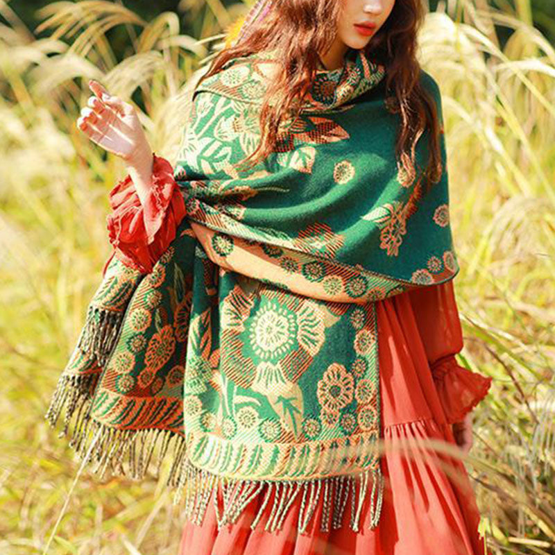 BWOOOH Tibetan Flower Floral Leaves Pattern Design Shawl 