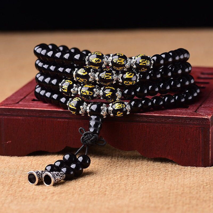 BWOOOH Black Obsidian Six True Words Protection Mala Bracelet