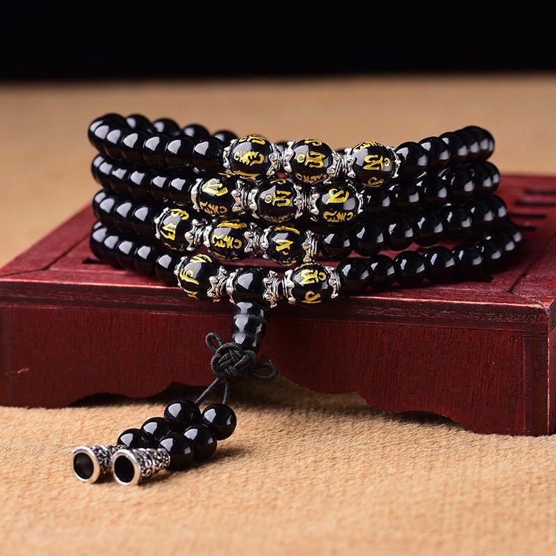 BWOOOH Black Obsidian Six True Words Protection Mala Bracelet