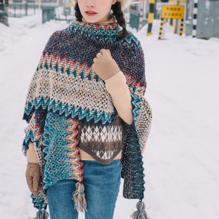 BWOOOH Tibetan Shawl Blue Beige Red Wavy Pattern Winter W