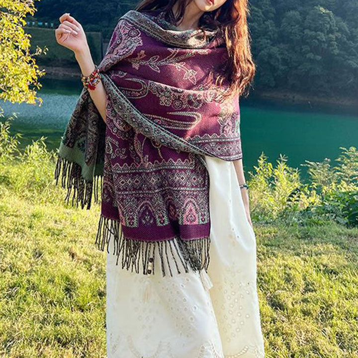 BWOOOH Vintage Tibetan Leaves Pattern Design Shawl Cozy T