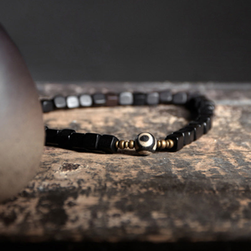 BWOOOH Ebony Wood Dzi Bead Copper Peace Couple Bracelet
