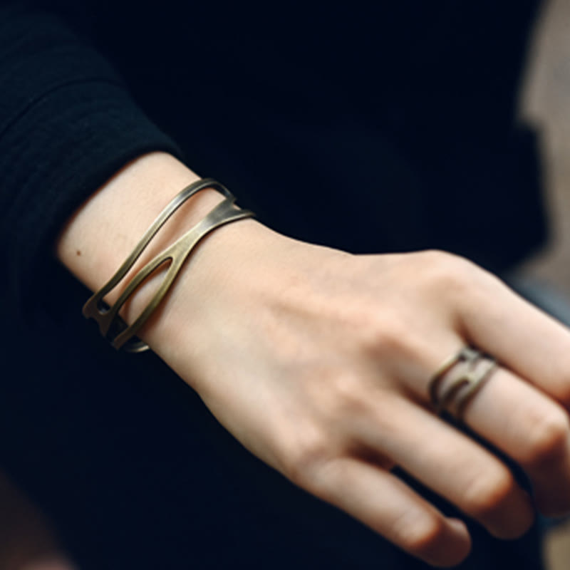 BWOOOH Vintage Curved Copper Brass Wealth Adjustable Cuff Bracelet Bangle | spiritual healing bracelet