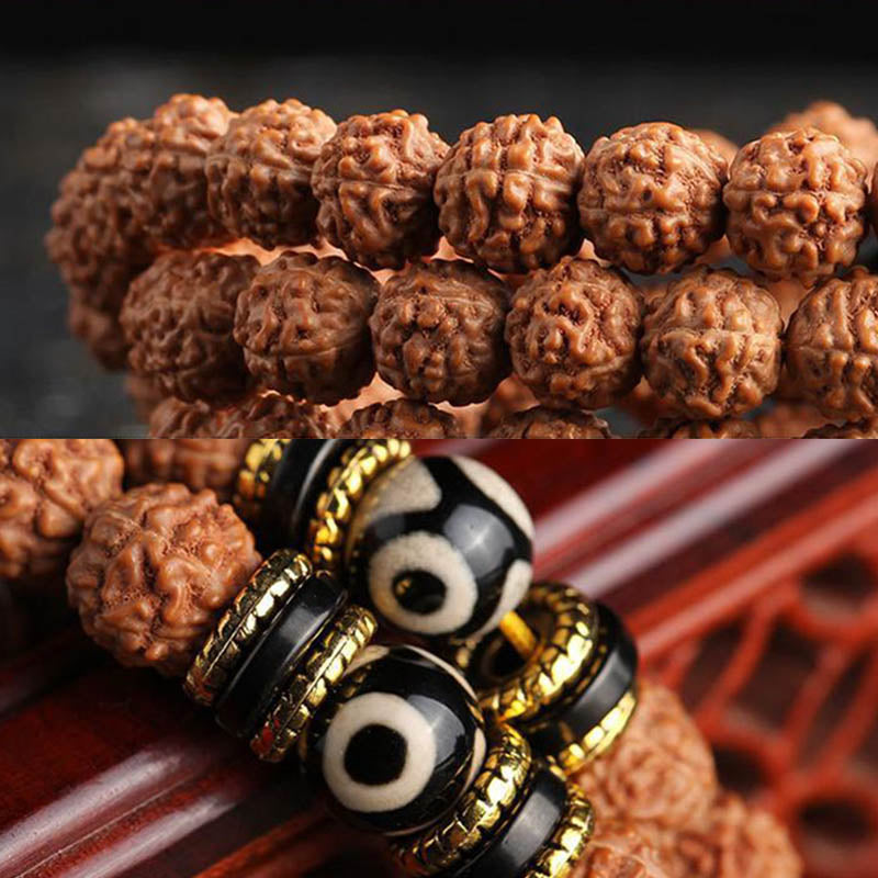 BWOOOH 108 Mala Beads Rudraksha Bodhi Seed Dzi Bead Luck Wealth Bracelet