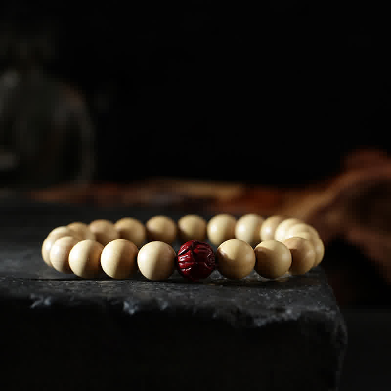 BWOOOH Tibet Peach Wood Lotus Cinnabar Bagua Yin Yang Luck Wealth Bracelet