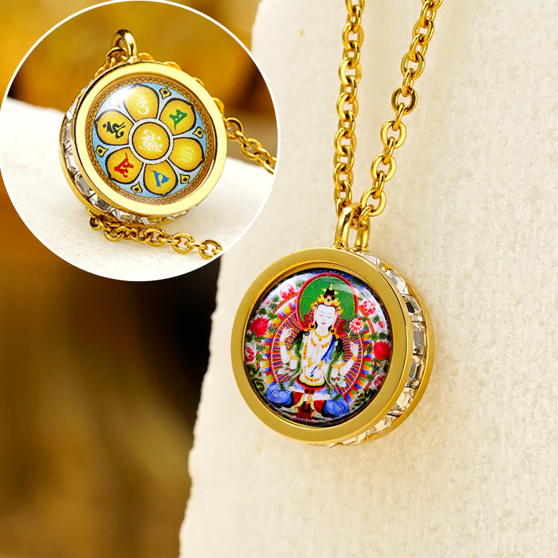 BWOOOH Tibetan Yellow God Of Wealth Green Tara Buddha Serenity Titanium Steel Necklace Pendant