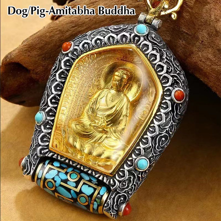 BWOOOH Tibet Chinese Zodiac Natal Buddha Thangka Prosperity Rotatable Dzi Bead Necklace Pendant