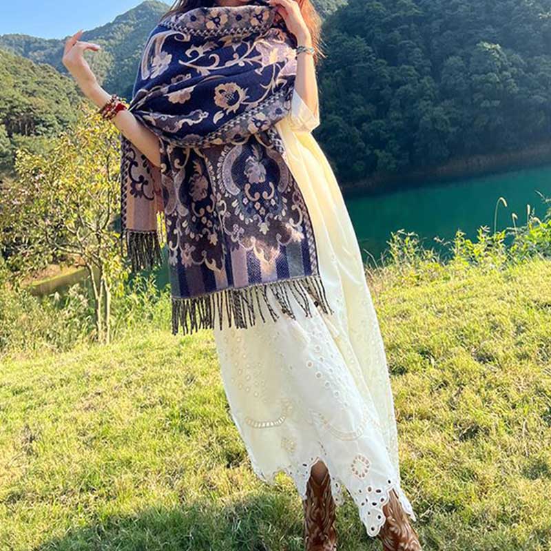 BWOOOH Tibetan Flowers Leaves Branch Design Tassel Shawl 