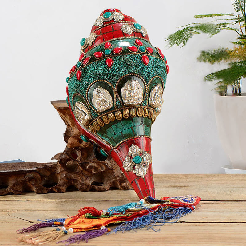 BWOOOH Tibetan Handmade Shankha Om Mani Padme Hum Buddha Avalokitesvara Turquoise Conch | Turquoise