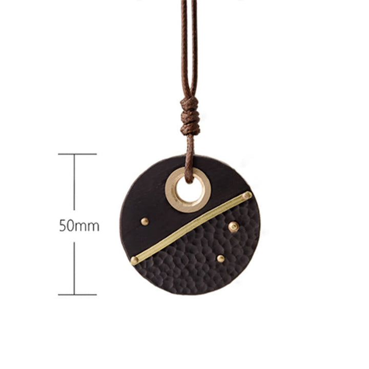 BWOOOH Handcrafted Round Ebony Wood Brass Copper Peace Necklace Pendant