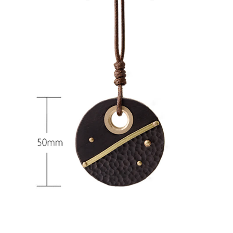 BWOOOH Handcrafted Round Ebony Wood Brass Copper Peace Necklace Pendant