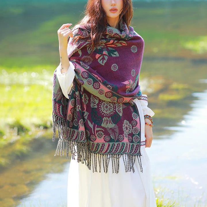 BWOOOH Tibetan Flower Floral Leaves Pattern Design Shawl 